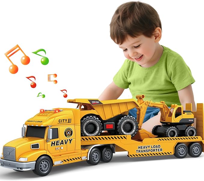 Bstoyder Toddler Boy Toys for 3 4 5 6 7 Years Kids, 27" Semi Construction Carrier Truck Toy with Excavator and Dump Truck, Friction Powered Toys with Lights and Sounds, Birthday for Boy Girls