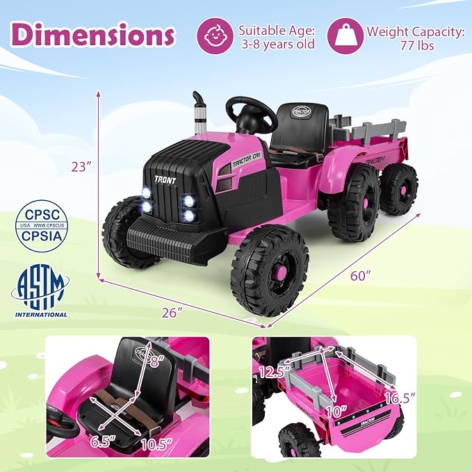Costzon 24V Ride on Tractor with Detachable Trailer, Kids' Electric Vehicles with 3 Speeds, 15° Climbing, Wireless Design, Horn & Music, Remote Control Tractor Toy for Kids 3+,Gift (24V, Dark Pink)