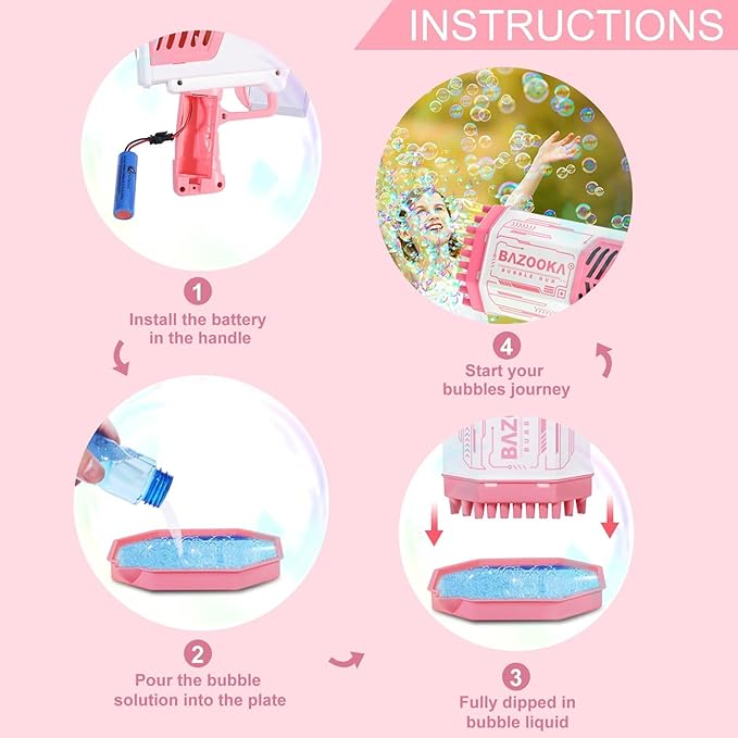 Bubble Gun, Bazooka Bubble Machine Gun, Bubble Blaster Gun with Bubble Solution, 69 Holes Bubble Bazooka Gun Outdoor Summer Toy Party Favors for Kids Pink Easter Bubble Maker Blowers
