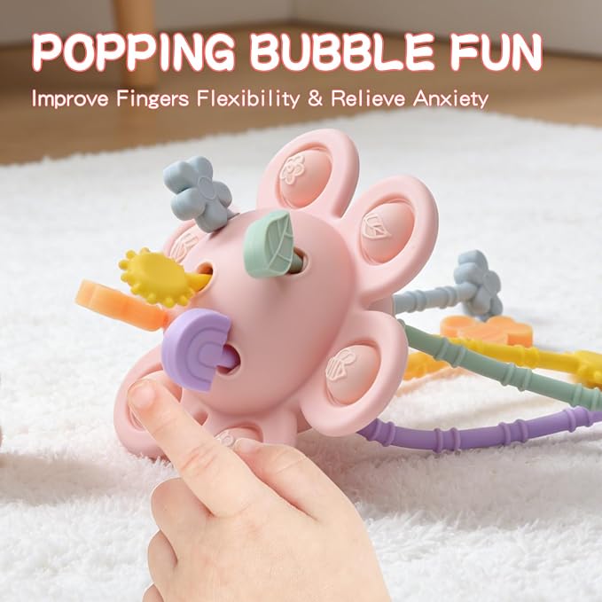Food Grade Silicone Pull String Baby Toy, Montessori Pull String Sensory Toy (Pink)