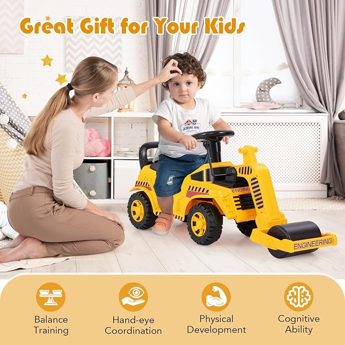 Costzon Ride on Road Roller, Sliding Kids Car with Adjustable Roller, Under-Seat Storage, Anti-Tipping Block & Engine Sound, Construction Vehicle Ride on Push Car for Toddlers Aged 19-36 Months