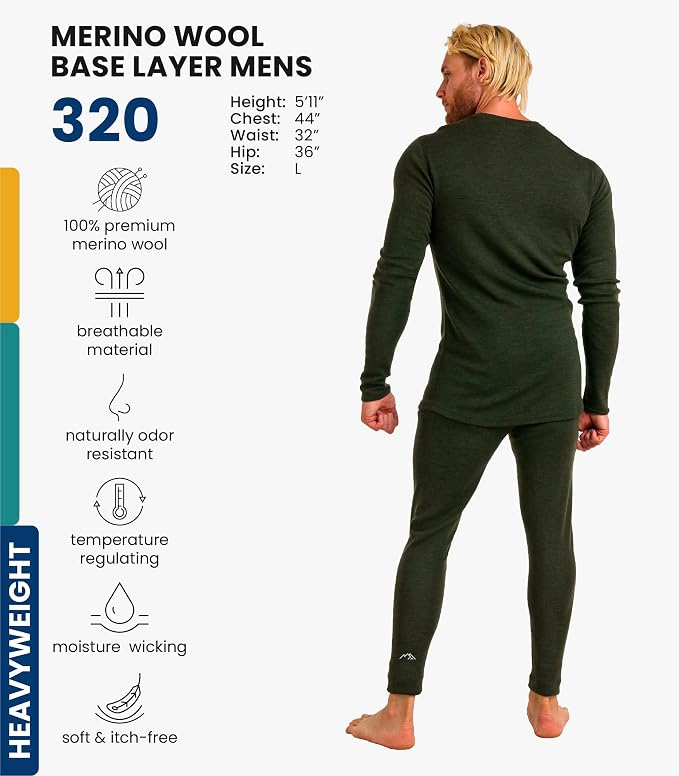 Merino.tech Merino Wool Base Layer Mens Set - Heavyweight, Midweight, Lite Merino Wool Thermal Underwear For Men Top, Bottom