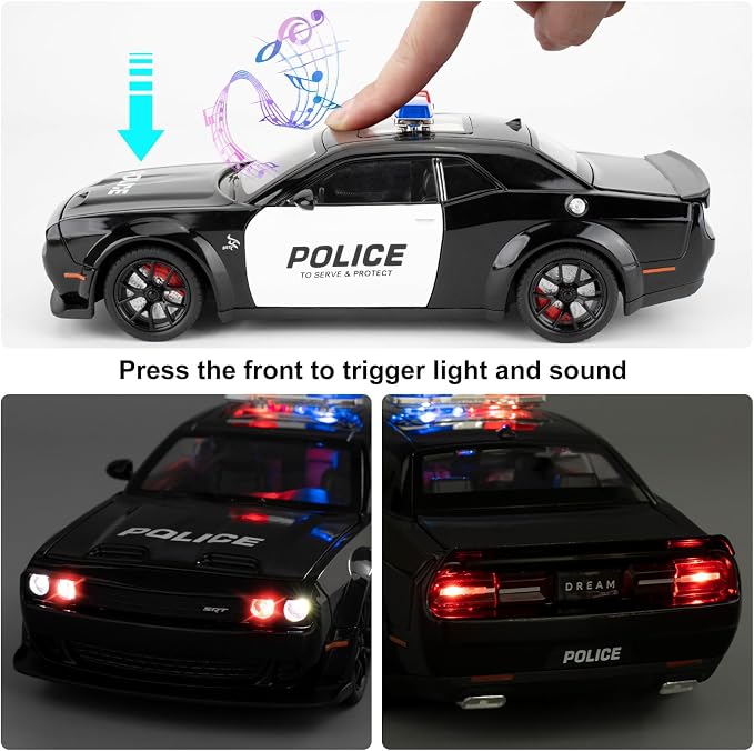 Police Car Model for Collectible 1:24 Dodge Challenger SRT Hellcat Toy, Diecast Vehicle Toy with Lights and Sounds,Pull Back Decoration Model Car Toy for Adults Kids Birthday Gifts