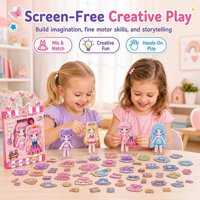 Magnetic Dress Up Dolls for Girls, 87PCS Princess Magnet Dolls with Foil Art & DIY Accessories, Airplane Car Road Trip Activity Set, Pretend Play Set Birthday Gift for Toddlers Kids Ages 3 4 5 6 7 8