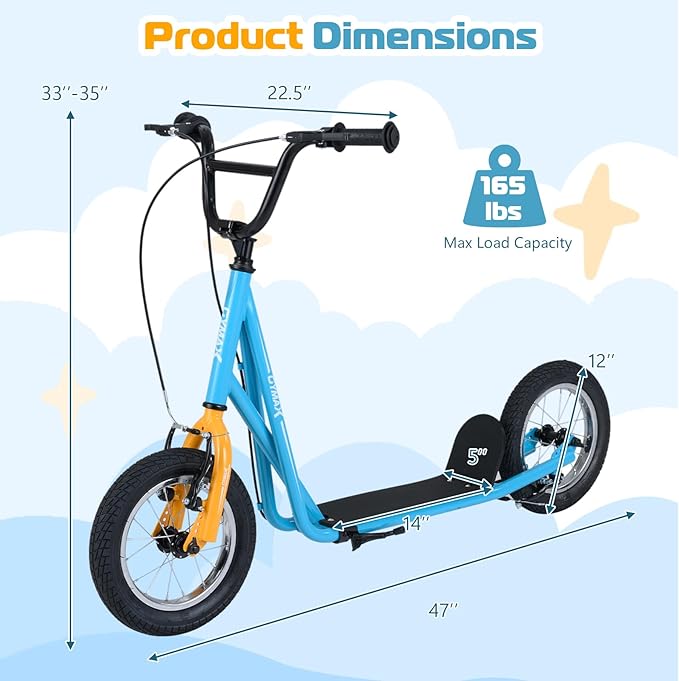 GYMAX Scooter, Kids & Adults Off-Road Scooter with 12" Inflatable Wheels, Adjustable Height Handlebar, V-Type Handbrakes & Axle Pegs for All Terrain, 8+