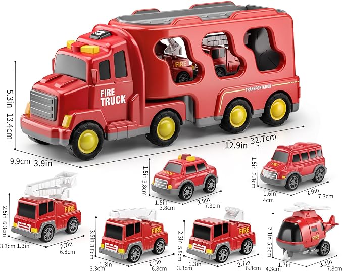 Fire Truck Toys for Toddler 1-3 3-5, Transport Car with Light Sound, 7-in-1 Fire Car Carrier Vehicle Set for Girls 1 2 3 4 5 6 Years Old, Birthdays Gifts for Kids Girls Aged 3-9