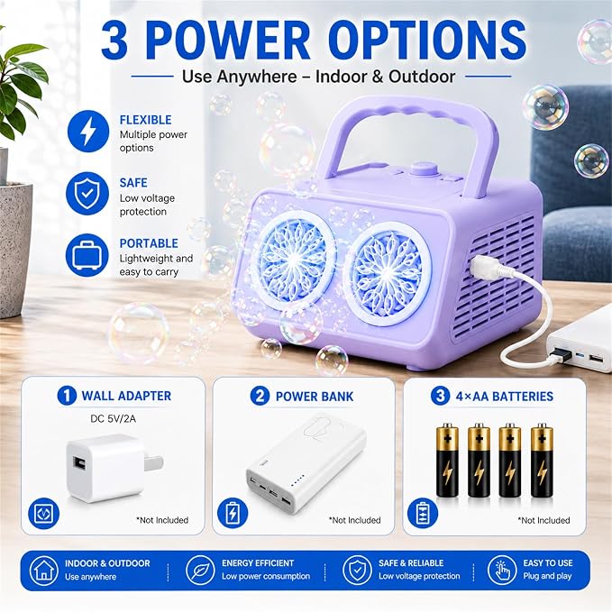 Bubble Machine with Dual Fans,20000+ Bubbles Per Minute | USB-C or AA Battery Operated,Leak-Proof Sealed Bottle,Portable Bubble Maker for Birthday Party Pool Wedding Outdoor