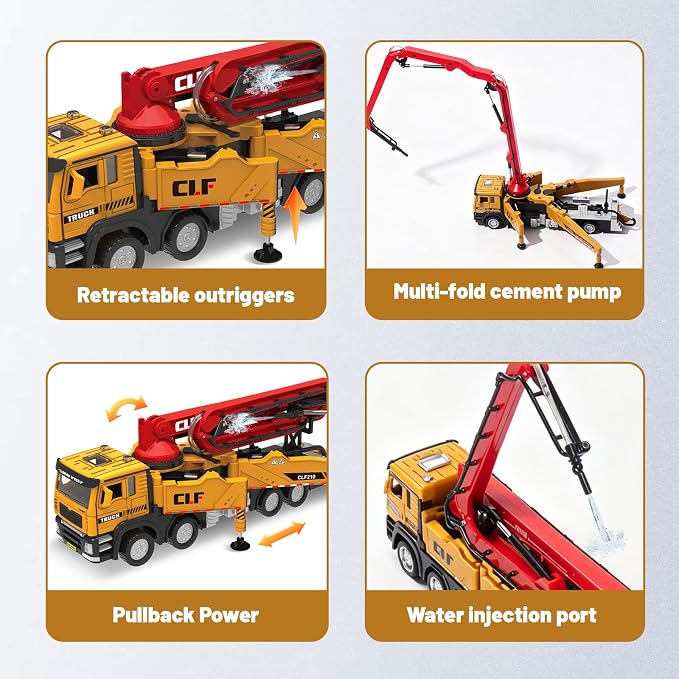 4-Pack Die-Cast Construction Vehicle Set, 1:50 Dump Truck, Road Roller, Cement Mixer & Concrete Pump Truck, Realistic Functional Toys for Kids 3-9
