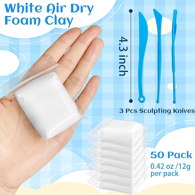 50 Pack White Air Dry Foam Clay,1.3lb Moldable Soft Lightweight Clays with 3 Pcs Sculpting Knives for Kids,Art Craft Supplies,School Rewards