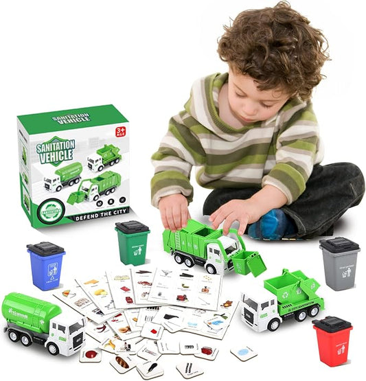 Garbage Truck Toy, 3 Pack Friction Powered Waste Management Garbage Truck Game with Front Load Dumpster, Back Dump Garbage,4 Trash Bins with 108 pcs Trash Cards, Gift for 3+ Years Old Kids