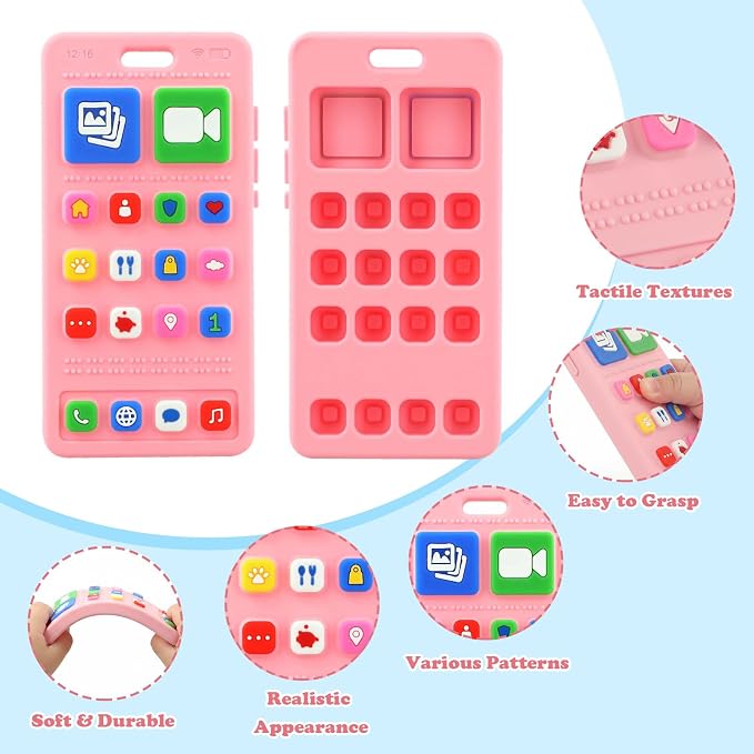 Baby Silicone Teething Toys, Phone Teether Toys for Toddlers 3-18 Months, Boys Girls Babies Teething Toy, Baby Chew Toy, Freezer BPA Free, Pink