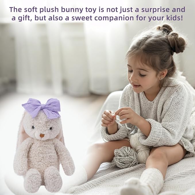 Bunny Stuffed Animal Soft Rabbit Cuddly Toy 10'' Long - Eared Plush Bunny with Purple Bow Plush Toys for Babies and Toddlers