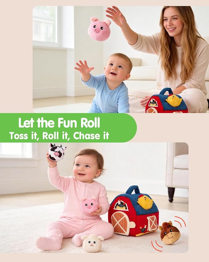 hahaland Baby Toys 6-12 Months - Surprise Barn Stuffed Farm Animals, Rattle, Crinkle, Mirror, Montessori Toys for 6 Month Old Sensory Balls 1-3, Baby Boy Gifts, Farm Plush Toys for Babies Travel Toy