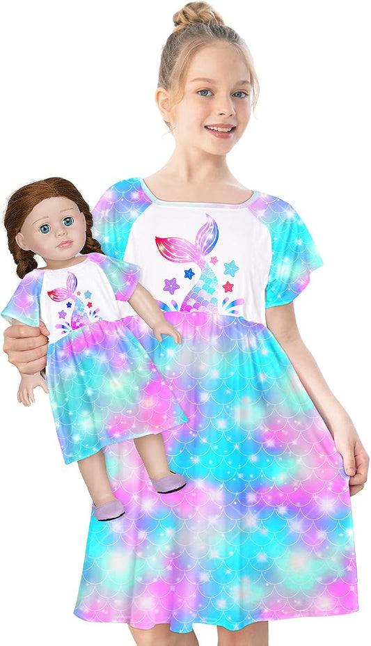 Play Tailor Doll and Girl Matching Nightgown Unicorn Outfit Pajamas Night Dress for Girls and 18" Dolls Clothes