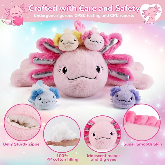 gnomantic Axolotl Stuffed Animals with Babies Inside, Mommy Toy for Kids | 5-Piece set: 1 mommy axolotl + 4 baby axolotls inside. Unzip belly to reveal surprise babies. Ultra-soft, ages 3-8.