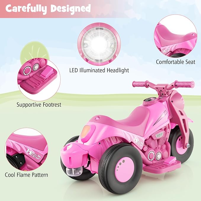 Costzon Kids Motorcycle, 6V Battery Powered Ride on Motorcycle with Bubble Maker, Music, LED Headlight, Forward & Backward, 3 Wheels Electric Motorcycle for Kids, Gift for Boys & Girls (Pink)