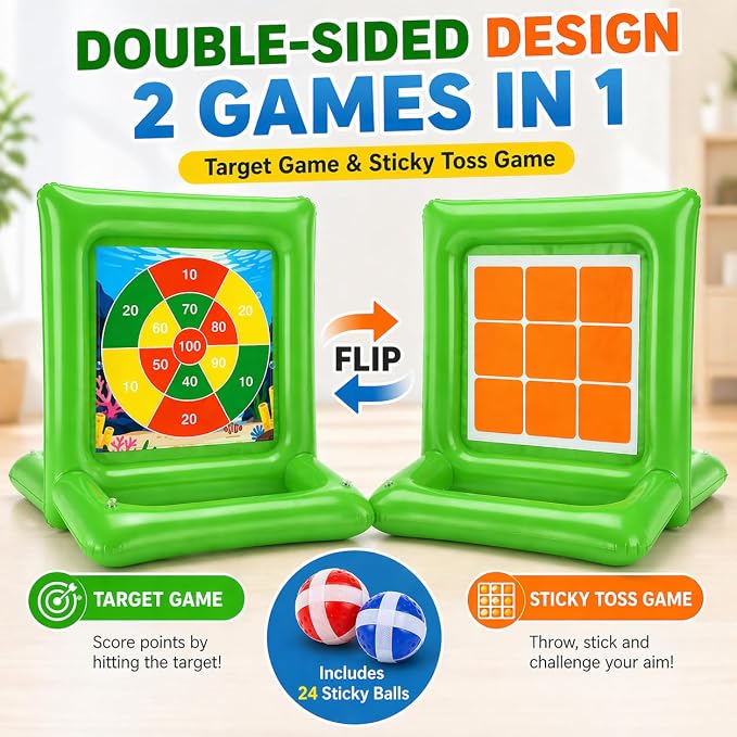 Pool Toys for Kids & Adults, 2-in-1 Dart Board and Tic Tac Toe Pool Game with 24 Sticky Balls, Family Summer Water Games for Backyard, Pool Party and Swimming Pool, Green