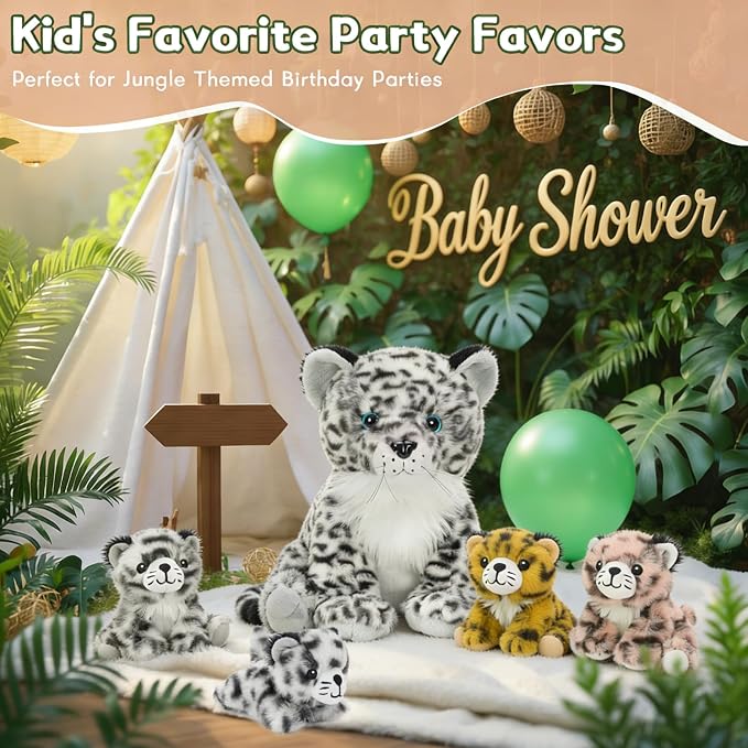 MorisMos Snow Leopard Stuffed Animal with Babies, 5-in-1 Plush Family, 14" Mommy Snow Leopard with 4 Baby Cubs, Soft Cuddly Big Cat Plush Toys Gifts for Kids Birthday Jungle Baby Shower Nursery Decor