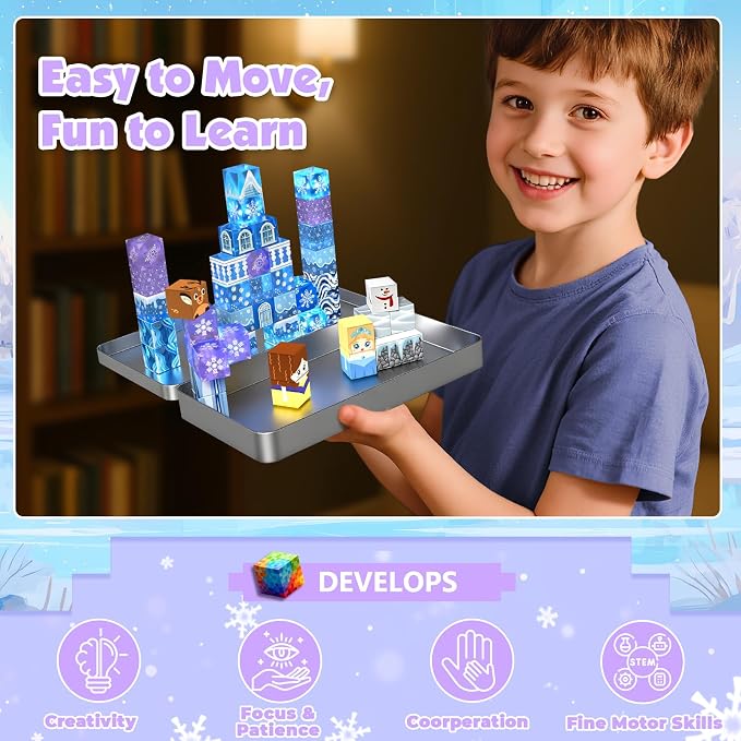 Magnetic Blocks, 45pcs Travel Toys Building Set with Magnetic Tin Box, Transparent & Light Up Magnet Cubes for Blue Snow Castle Build, Princess Toy Birthday Gift for Kid Girl 3+