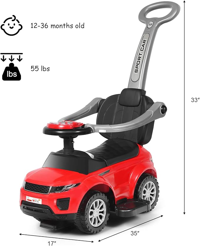 Costzon 3 in 1 Ride on Push Car, Stroller Sliding Walking Car with Horn, Music, Light, Under Seat Storage, Parental Handle, Armrest Guardrails, Ride on Toy for Boys & Girls (Red)