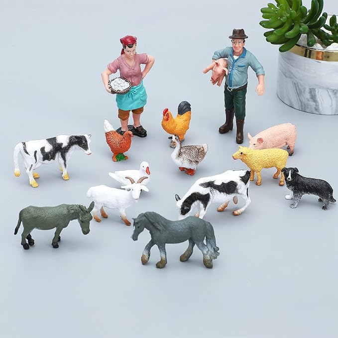 ONEST 14 Pieces Mini Farmer Figurines Hand Painted Farm Animals Figures Realistic Detailed Cow Sheep Poultry Farmer Farm Animal Figurine Model