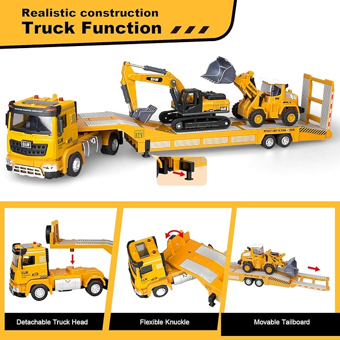 Yalujumb Toddler Boys Toys for 3-5 Years Old, Construction Toy Set w/Semi Truck, Excavator, Bulldozer, Alloy Engineering Construction Vehicles Truck Toys for Boys Age 4-7