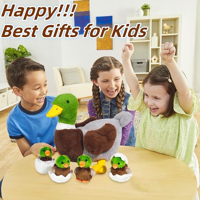 Youthfuljive 7 in 1 Mallard Duck Stuffed Animals Duck Plush Toys, 12" Zipper Mommy Stuffed Duck with 4 Baby Ducks Ducklings Eggs Green Duck Plushies Pillow for Kids Birthday Farm Party Decor