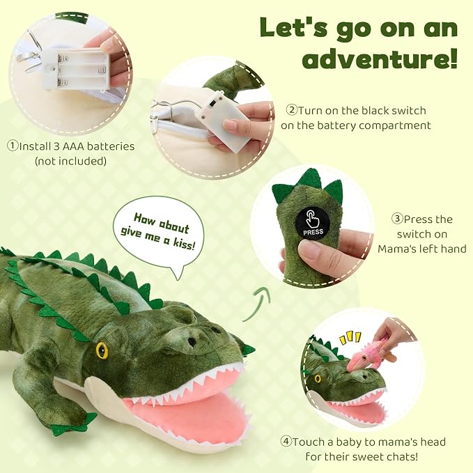 MorisMos Alligator Stuffed Animal with Babies Inside, 23.6'' Talking Mommy Stuffed Alligator Plush with 3 Baby Crocodiles & Eggs, Interactive Soft Crocodile Toys for Kid 3-5 Birthday Baby Shower