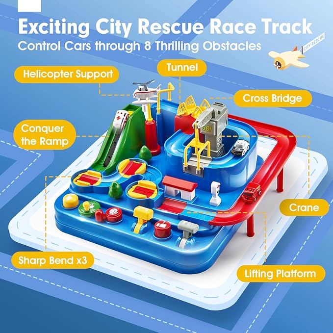 hahaland Toys for 3 Year Old Boys - Large Car Race Track for Toddlers 3-5, City Rescue Toy, Fine Motor Skill, STEM, Montessori Toys for 3 Year Old Girl Boy Gift, Emergency Vehicle Boy Toys Playset