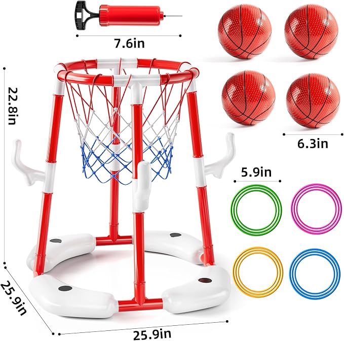 JUKUDAHU Swimming Pool Basketball Hoop Toy for Kids 2 3 4 5 6 Years Old - Floating Pool Basketball Game Toys with 4 Balls Air-Pump, Outdoor Play, Poolside Summer Water for Boys Girls Age 4-8-12 (Red)