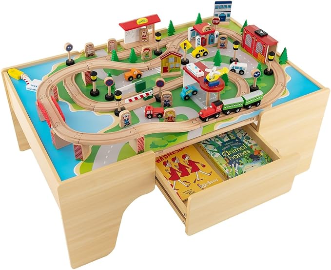 INFANS Train Table, 84 Pieces Wooden Kids Activity Toy Table Playset with Storage Drawer Reversible Detachable Tabletop, Tracks, Train, Railway, City, Gift for Toddler Boys Girls Ages 3+