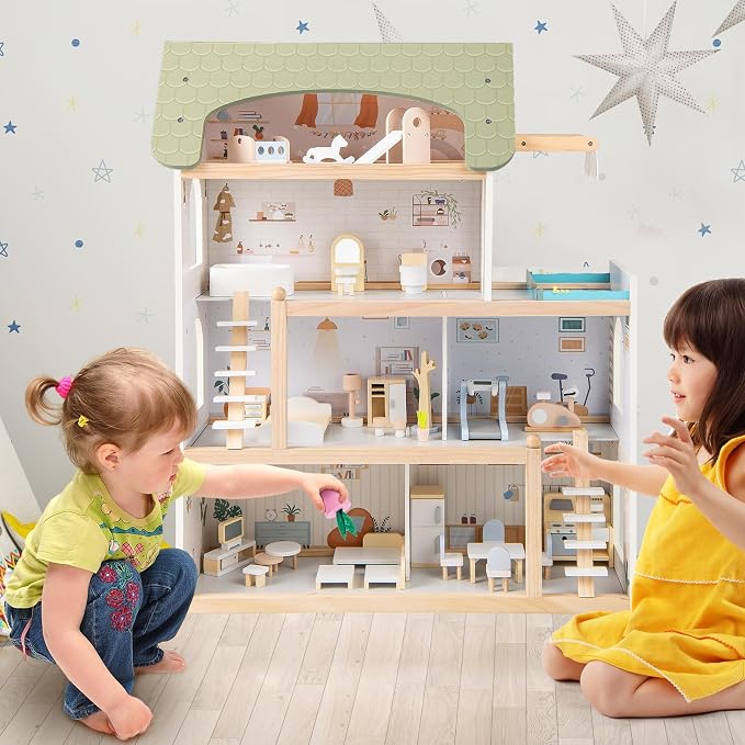 HONEY JOY Doll House, 4-Story Wooden Dollhouse Playset w/ 6 Rooms, 33 Accessories & Miniature Furniture, Pretend Play Toys Kit, 2.56 Feet Toddler Big Doll House, Gift for Kids Aged 3+