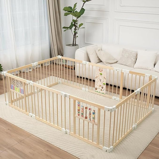Ulnxiy Wooden Baby Playpen with Montessori Toys, 10-Panel Foldable Wood Play Yard for Toddlers, 84"x56" Large Baby Fence with Safety Lock, CPC Certified Natural Pine Wood Activity Center