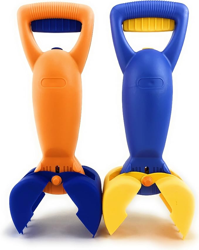 Matty's Toy Stop 14.5" Plastic Sand Grabber Claw Scoops for Sand & Beach (Blue/Yellow & Orange/Blue) Gift Set Bundle - 2 Pack