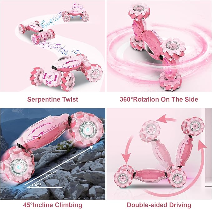Fosgoit Pink RC Car Toys for Girls Aged 6-12, Gesture Sensing RC Stunt Cars with Lights Music for Girl Birthday Xmas Gifts, 2.4GHz 4WD Pink Remote Control Toy Double-Side Flip 360° All-Round Rotation