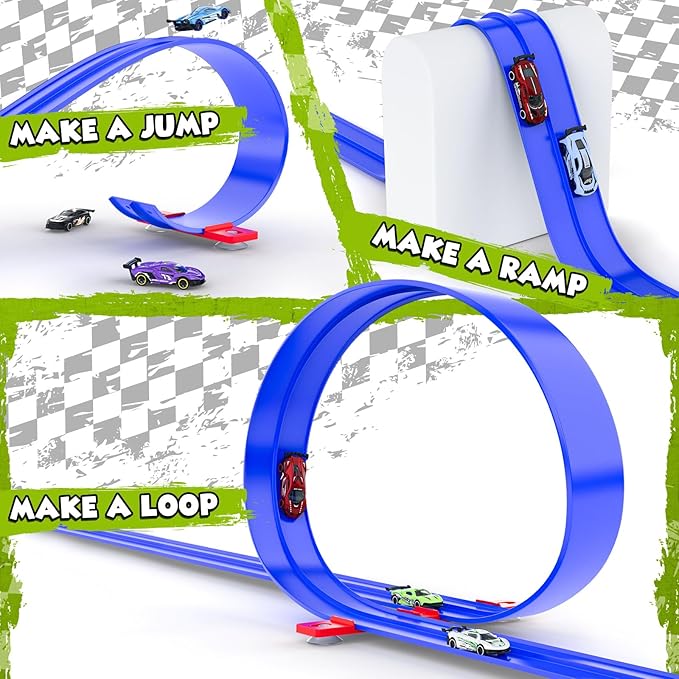 Wupuaait Flexible Race Car Track for Kids, 15Ft Race Track Toy with 4 Cars and Suction Cups, Rolls Up Portable Racetrack Compatible with All 1:64 Cars Toys, Birthday Gifts Toys for Boys Girls