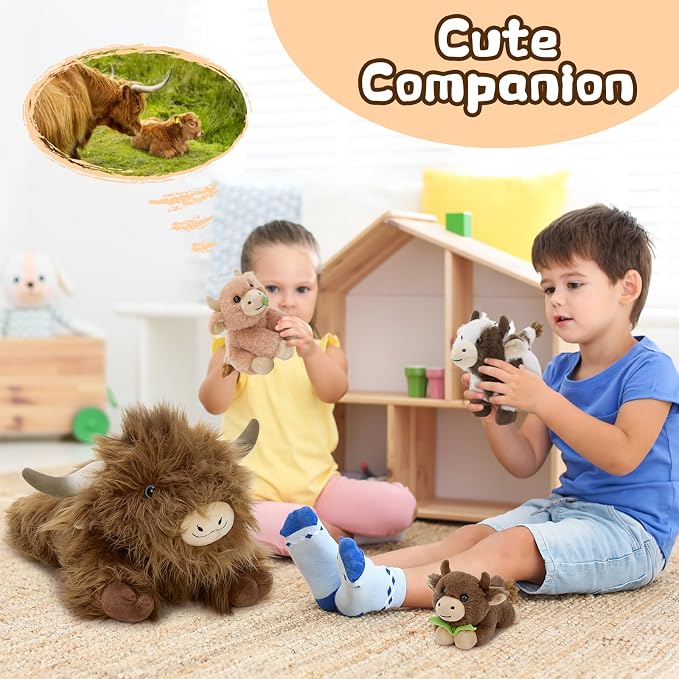 MorisMos Highland Cow Stuffed Animal with Baby Inside Belly,20'' Mommy Brown Highland Cow Gift for Kid Girl Boy Hyland Cow Pillow, Cute Farm/Wildlife Stuffed Animals for Birthday Party Decor