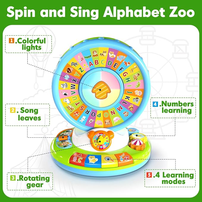 Toys for 1 2 3 Year Old Boys Girls, Spin & Sing ABC Alphabet Learning Zoo with Lights & Sounds, Musical Educational Toy for Toddler 1-3, Christmas 1st Birthday Gifts for Baby Kids Age 12-18 Months+