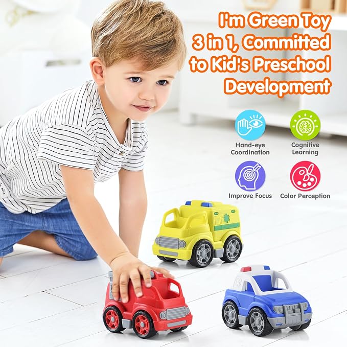 PLAY Eco-Friendly 3 in 1 Emergency Vehicle Toy Set, [USDA Certified] No BPA/Phthalate/PVC, Recycled Bioplastic Rescue Vehicle with Fire Truck, Police Car & Ambulance Toy