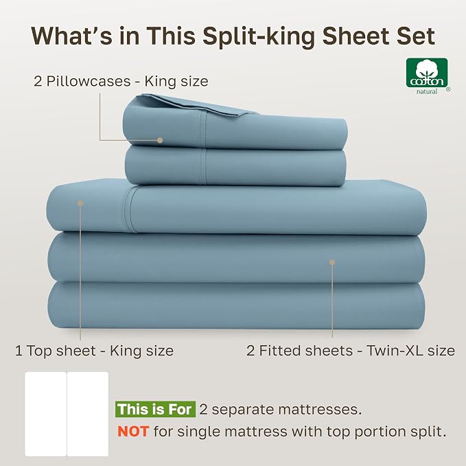 California Design Den Soft 100% Cotton Bed Sheets Split King Set, 400 Thread Count Good Housekeeping Award Winner, Silky Smooth Sateen, Deep Pockets, Durable Split King Bed Sheet Set - Sky Blue