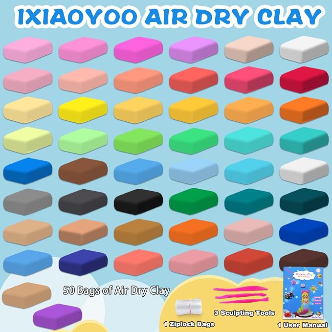 Ixiaoyoo Air Dry Clay for Kids, 50 Colors Modeling Magic Clay, DIY Model Arts & Crafts Kit with Sculpting Tools, Soft & Non-Sticky, School Projects, Birthday Toys Gifts for Boys & Girls Aged 3–12