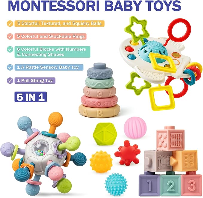 Baby Toys 6 to 12 Months, 5 In 1 Montessori Toys for 1 Year Old, Incl Travel Pull String Toy & Rattle Teether & Stacking Baby Block & Soft Infant Ring & Sensory Ball for Toddler 0-3-6-9-12 Month