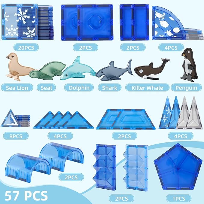 Arctic Animals Magnetic Tiles for Kids Ages 4-8, Aquarium Magnetic Building Set with 6 Sea Animals, Educational Magnet Blocks for School Toddlers, Birthday Xmas Gifts for Grandkids Boys Girls 3-5 4-6