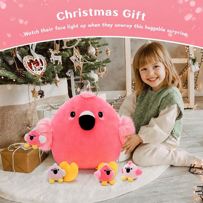 Tezituor Pink Flamingo Stuffed Animal, 5 in 1 Flamingo Plush Toy Pillow with 4 Babies, Zippered Tummy Mommy Flamingo Plushie Gift for Girls Kids, Mother’s Day Valentine’s Day Birthday Christmas