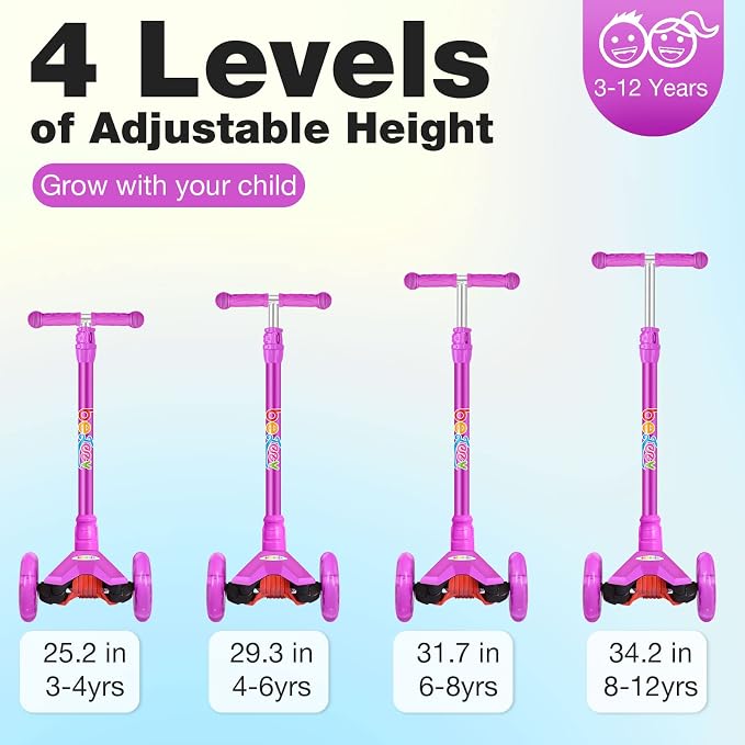 BELEEV Scooters for Kids 3 Wheel Kick Scooter for Toddlers Girls Boys, 4 Adjustable Height, Lean to Steer, Light up Wheels, Extra-Wide Deck, Easy to Assemble for Children Ages 3-12