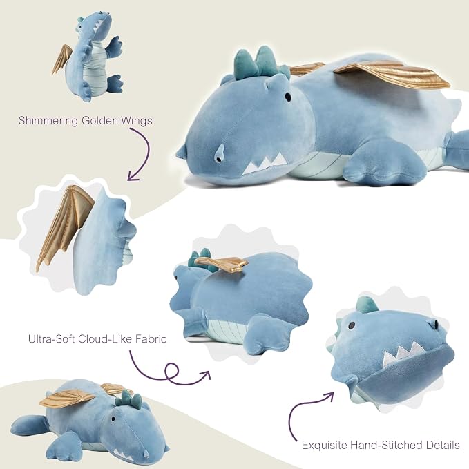 OSOCU® Microwavable Heating Pad Blue Winged Dragon Plush - 1.4 Lb Weighted Stuffed Animal Toy with Tourmaline Beads & Lavender - 16" Squished Long Dinosaur Pillow - Lumbar Back Cushion Lasting Warmth