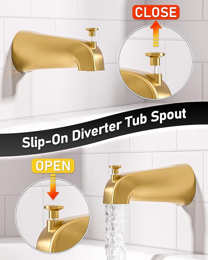 Shower Tub Faucet Set Gold, WOWOW Bathroom Shower Trim Kit with 6-Inch Rain Shower Head and Tub Spout, Single Handle Shower Combo Brushed Gold (Valve Included)