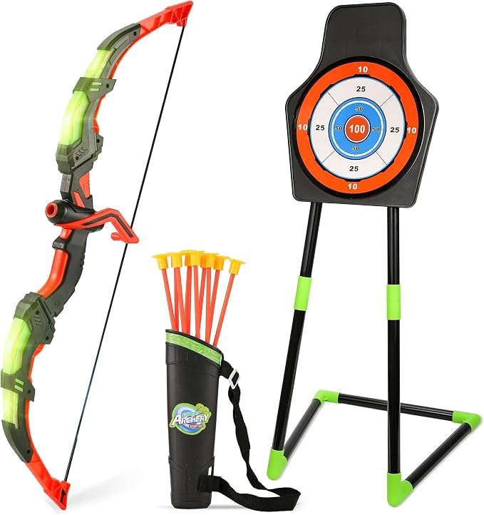 Bow and Arrow Set for Kids, 2 Pack LED Light Up Archery Set with 20 Suction Cup Arrows, Indoor and Outdoor Toy for Boys Girls Age 4-8 8-12 with Standing Target&2 Quivers, Birthday Gift 3-12 Years Old