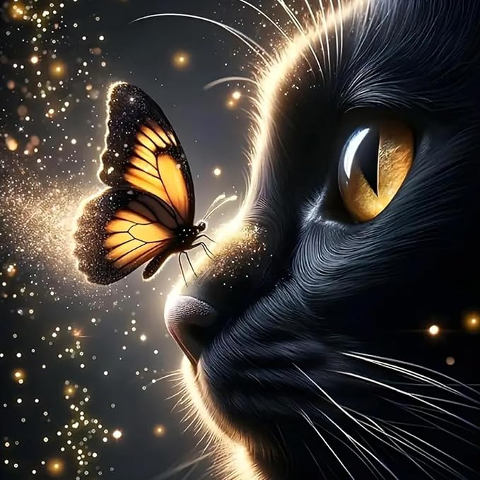 RYMILIE Black Cat Diamond Art Kits for Adults, Full Drill Butterfly Diamond Painting Kits for Adults, DIY Round Paint By Diamonds for Home Decor Gifts 14x14 Inch