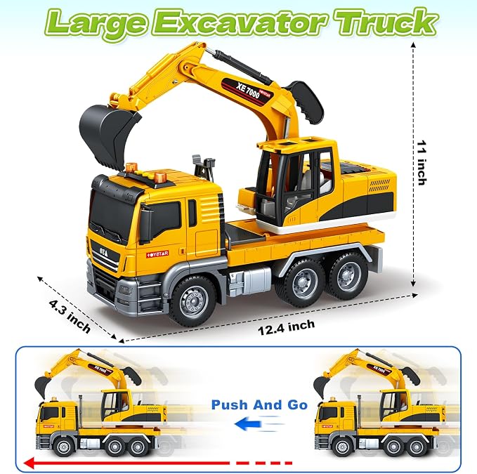 Bstoyder Kids Toys for 3 4 5 6 7 8 Years Old Boys, Large Excavator Truck Toy with Lights, Sounds, Toddler Friction Powered Truck Vehicle Toy for Boys Girls Christmas Birthday Gifts